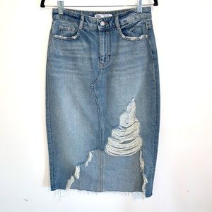 ZARA Denim Skirt, Distressed Asymmetric Pencil, XS